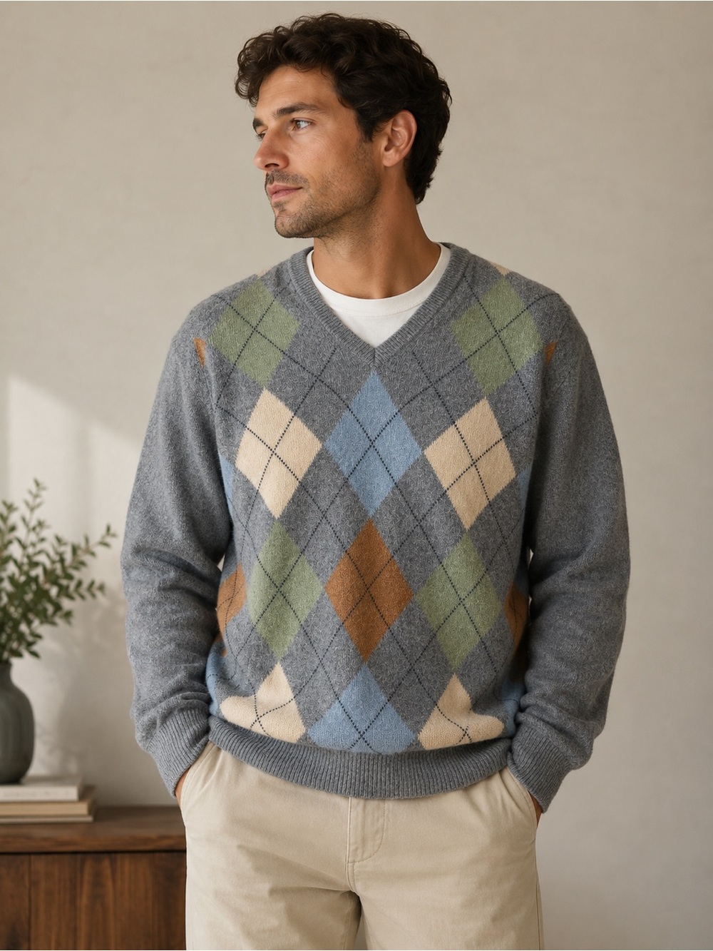 Brooks Brothers Gray Argyle V-Neck Sweater print 100% Scottish lambswool
